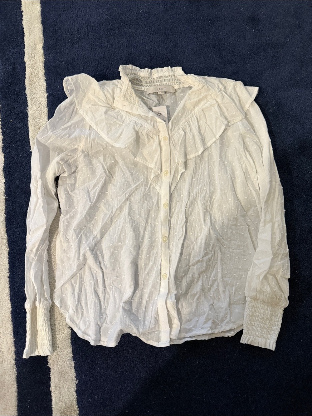 LOFT White Ruffle Dot-Texture Button Front Blouse